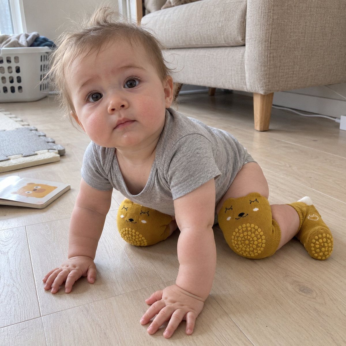 Baby crawling on a wooden floor in the mustard nubblin set