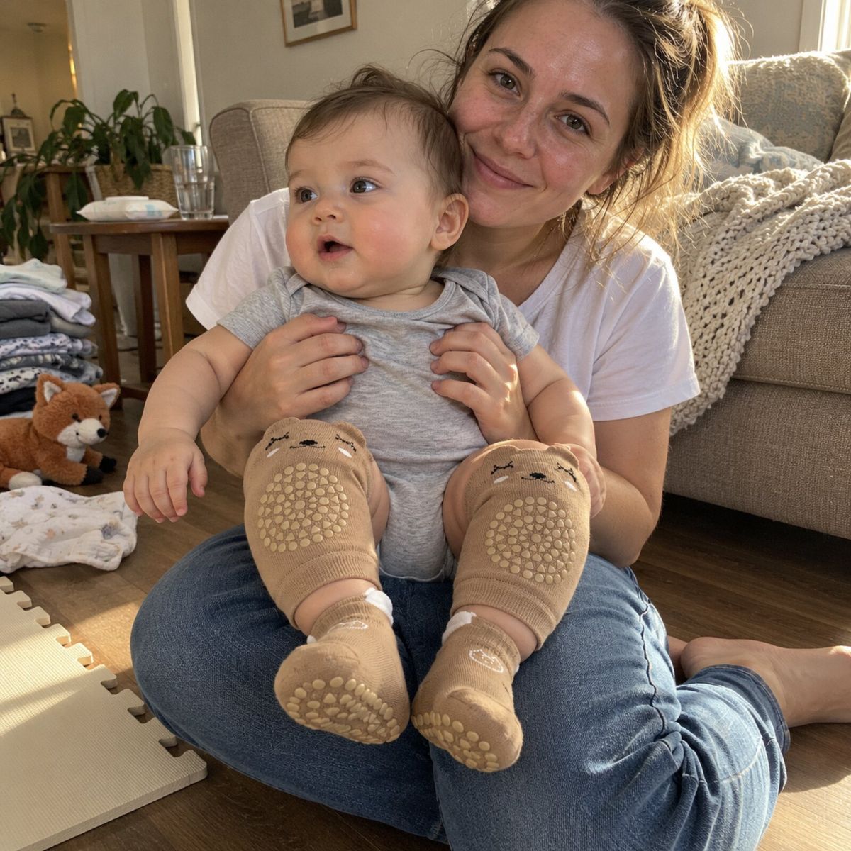Mom sitting on the living room floor with her baby in the camel nubblin set