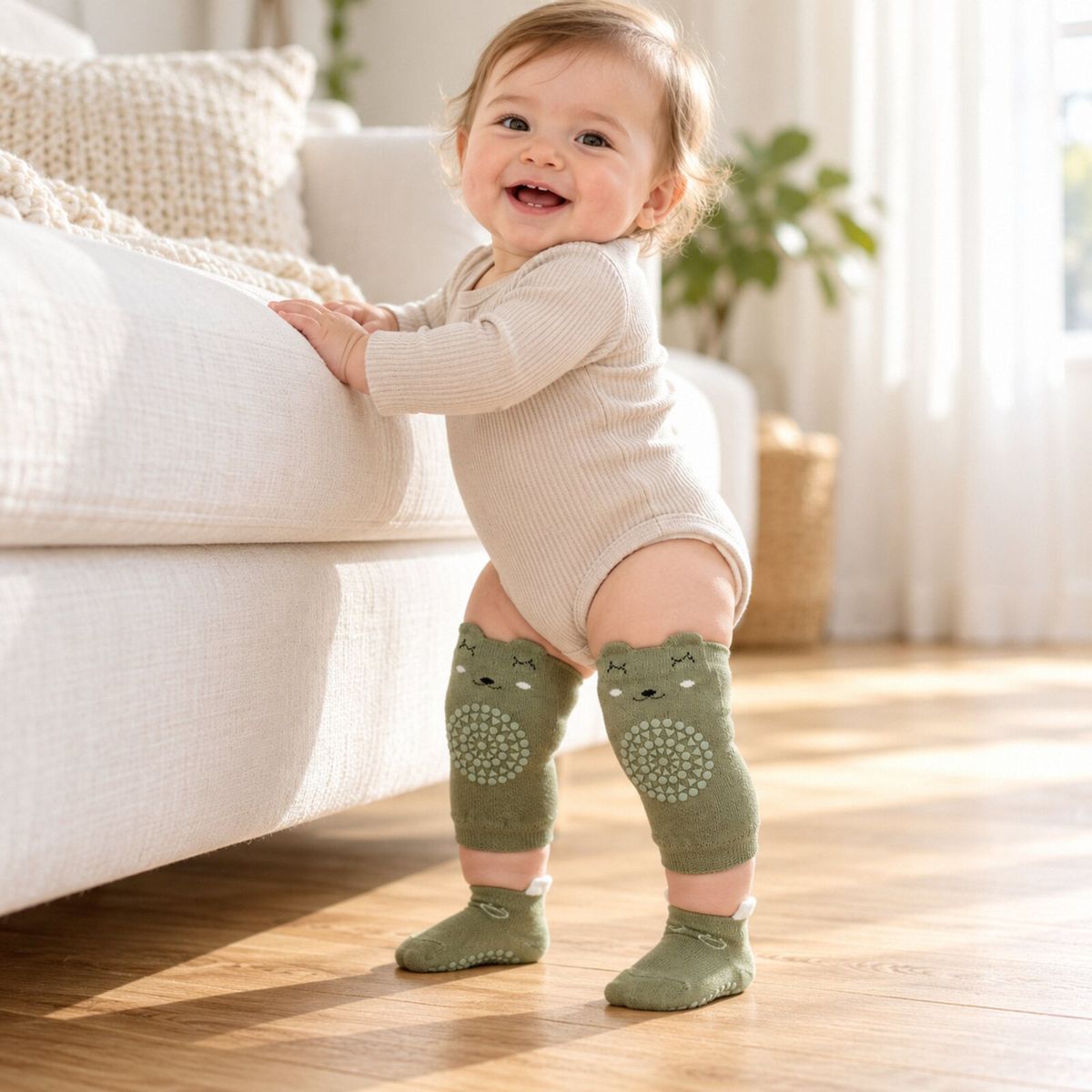 Baby pulling up to stand at a sofa in the sage green nubblin set