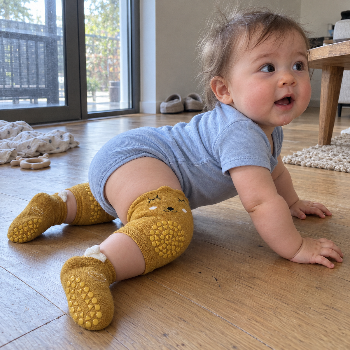 real baby crawling on a wooden floor in the mustard nubblin set