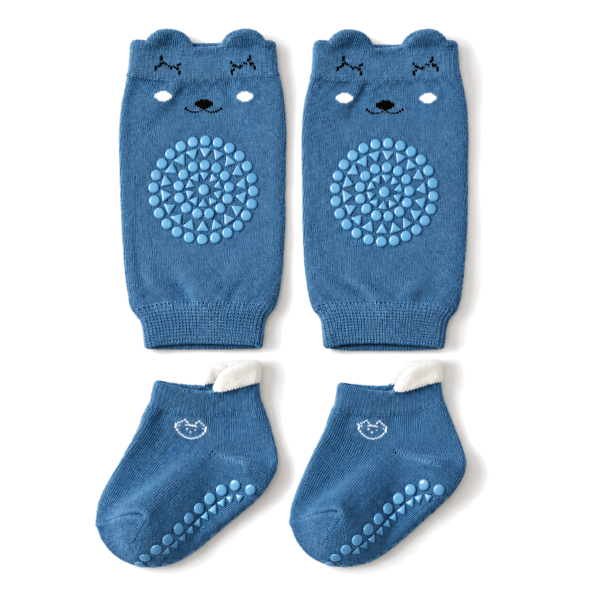 nubblin non-slip crawling set in denim blue: bear knee pads and grip socks