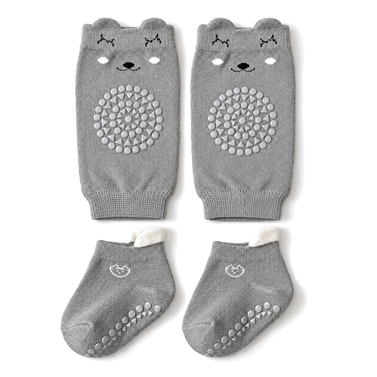nubblin non-slip crawling set in heather grey: bear knee pads and grip socks