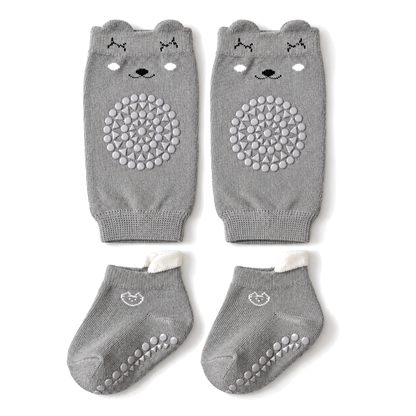 nubblin non-slip crawling set in heather grey: bear knee pads and grip socks
