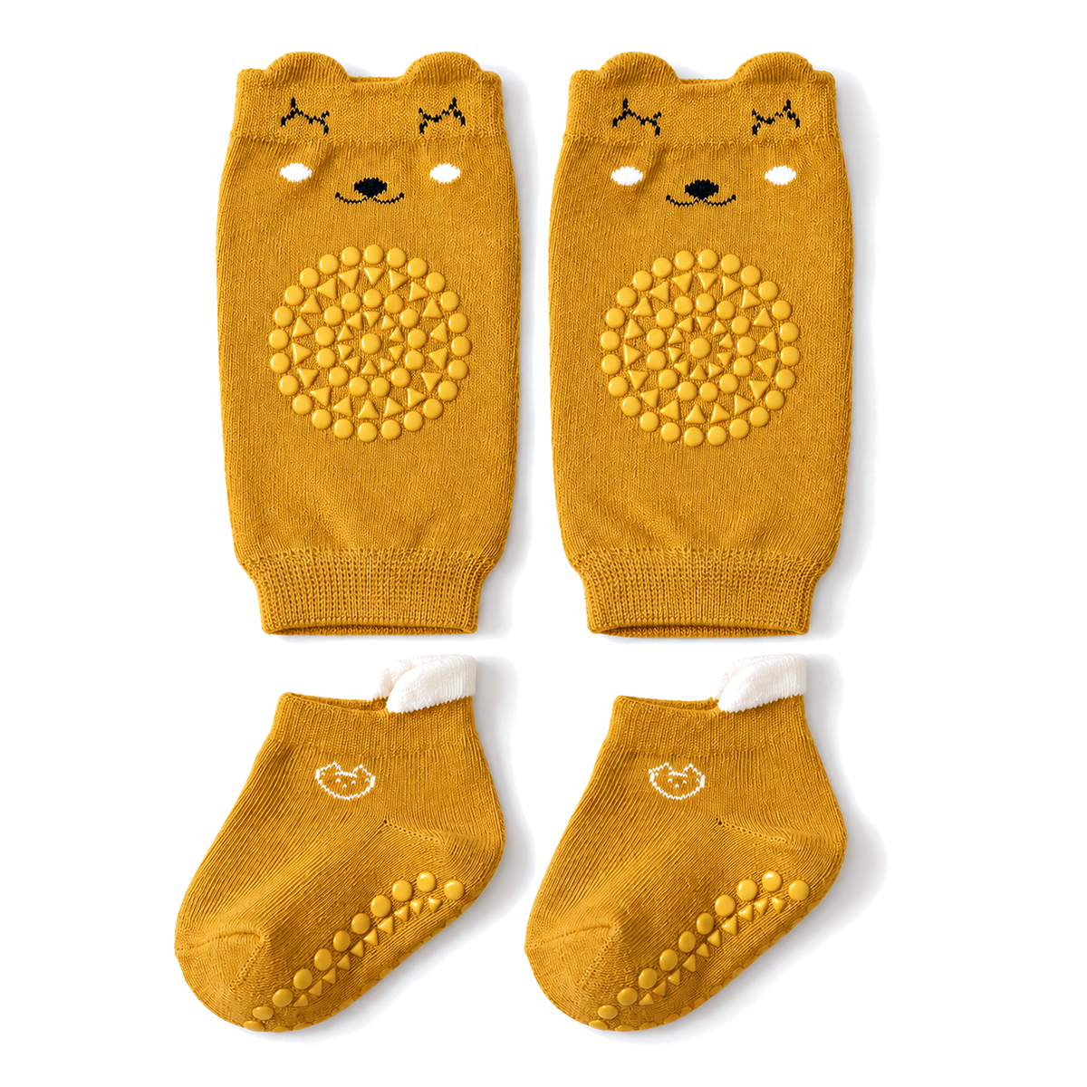 nubblin non-slip crawling set in mustard: bear knee pads and grip socks