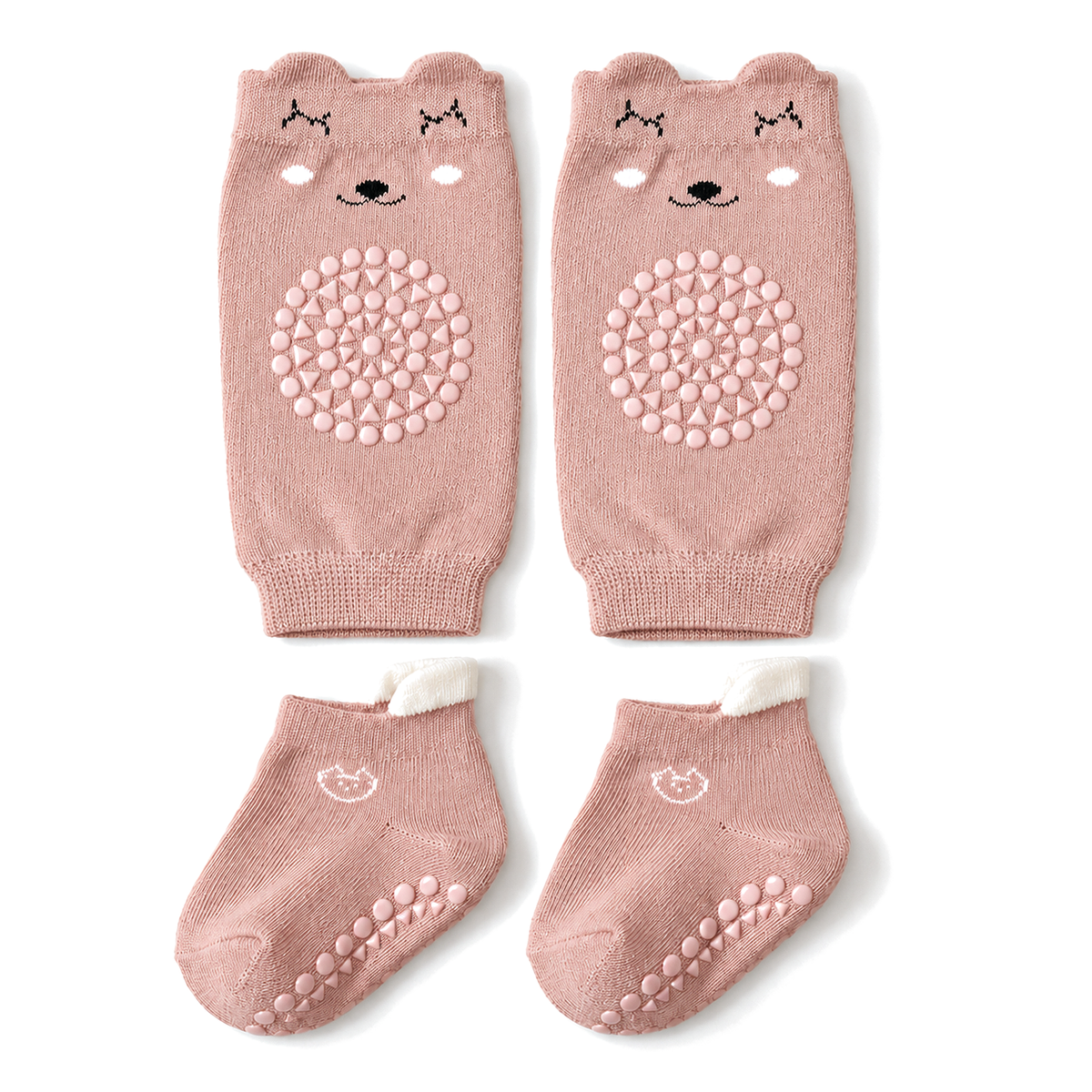 nubblin non-slip crawling set in blush pink: bear knee pads and grip socks