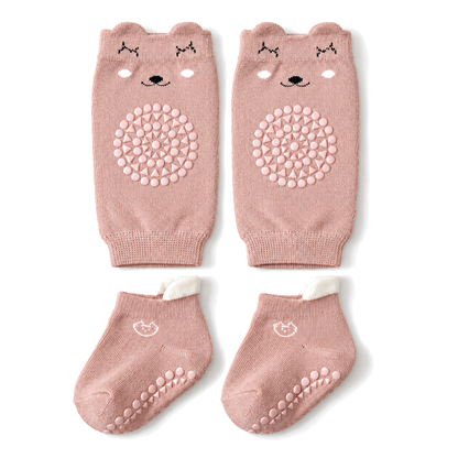 nubblin non-slip crawling set in blush pink: bear knee pads and grip socks