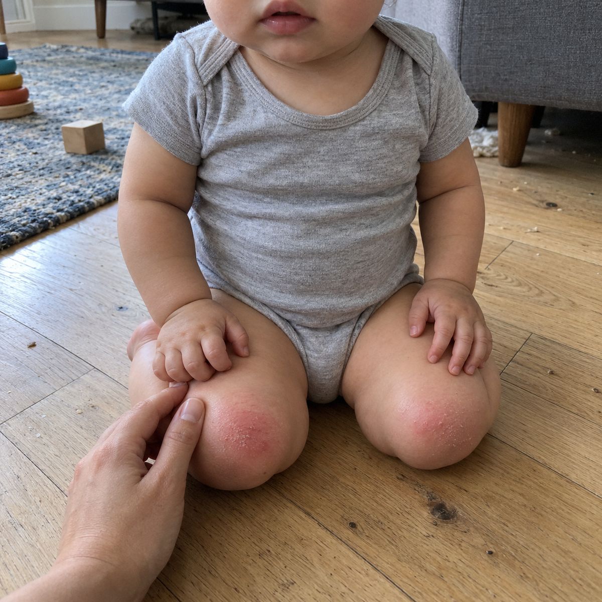 A crawling baby's knees, pink and rubbed from a hard wooden floor, with mom's hand on one knee