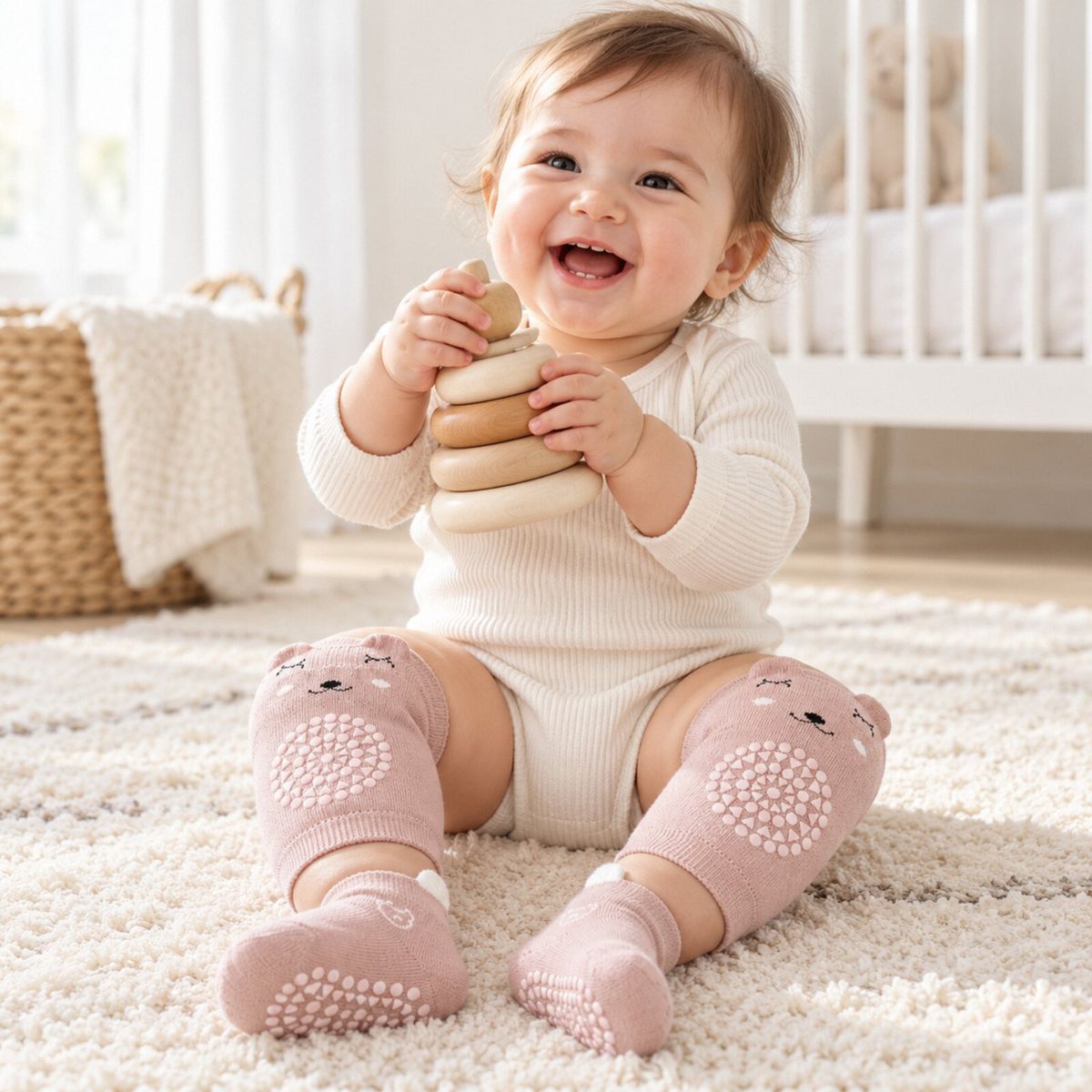 Giggling baby on a rug in the blush pink nubblin set